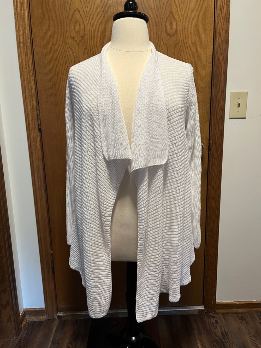 Eileen Fisher White Linen Open Drape Ribbed Knit Cardigan